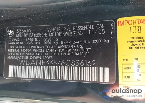 2006 BMW 525Xi z USA, uszkodzony, nr VIN WBANF33576CS36162